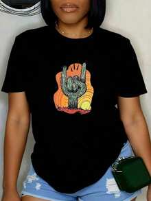 Women's Cartoon Cactus Finger Sun T-Shirt, Casual Loose Fit Women's Sunset Cactus Print Tee - 黑色 - 查看 7