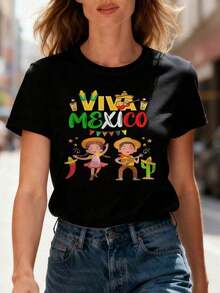 Ligera[Especial de Festival]Camiseta de manga corta de primavera/verano para mujer con cuello redondo y estampado de "Viva México" con motivos de cactus, maíz y chiles de la cultura mexicana, adecuada para compras informales, regalos de festivales, reuniones de amigos, fiestas de música y ropa de vacaciones. 100% algodón, una elección popular. - Negro - Ver 7
