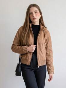 Women's Coat/Blouse/Jacket For Cold Weather/Winter, Cropped, Lined With Suede And Faux Fur, New And Stylish. - 駝色 - 查看 5