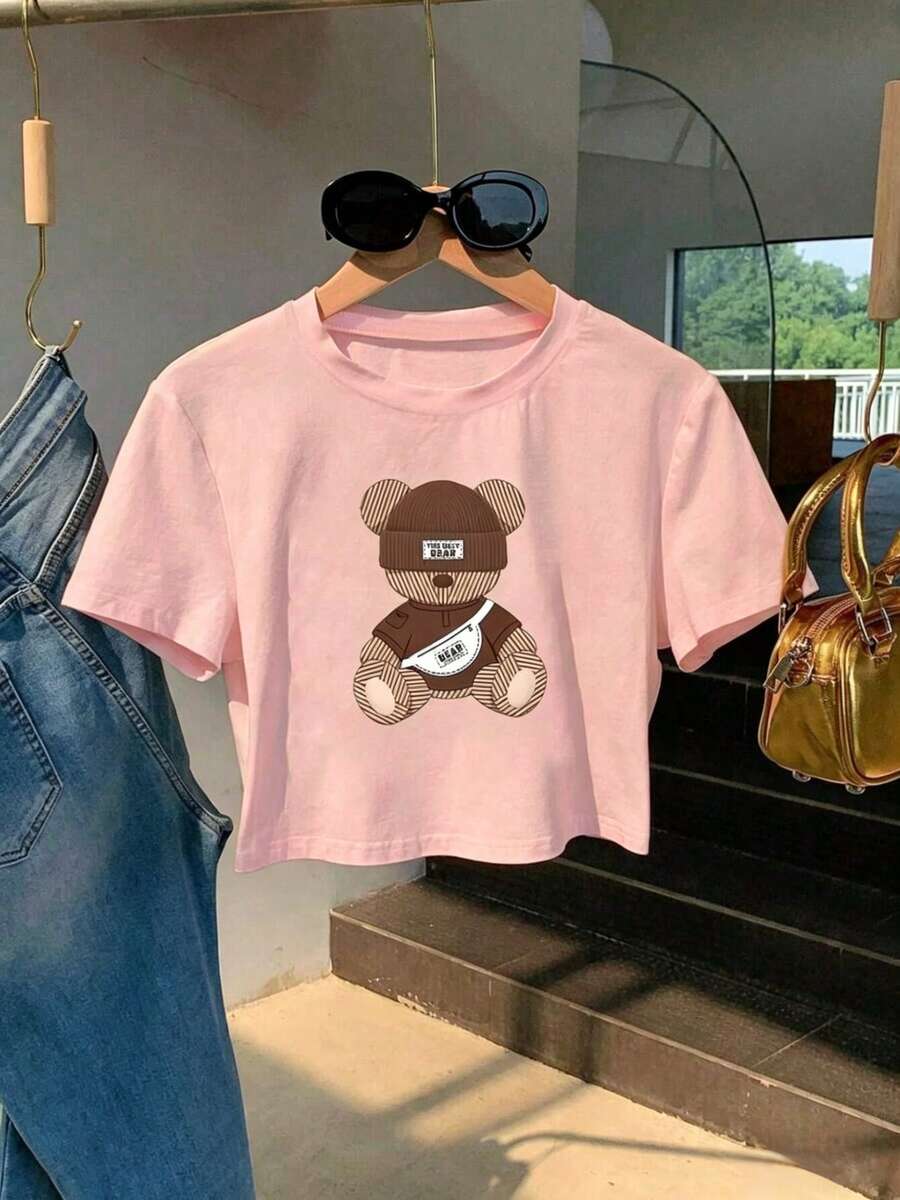 Women's Casual Short-Sleeved T-Shirt With A Cute Cartoon Bear Print, A Simple And Very Sweet Design. Soft And Comfortable Fabric For Everyday Wear, Outings, And Walks. Looks Great Paired With Jeans And Shorts; A , Youthful Style Perfect For Looking Fresh And Pretty All Summer Long. 373R - 粉色 - 查看 1