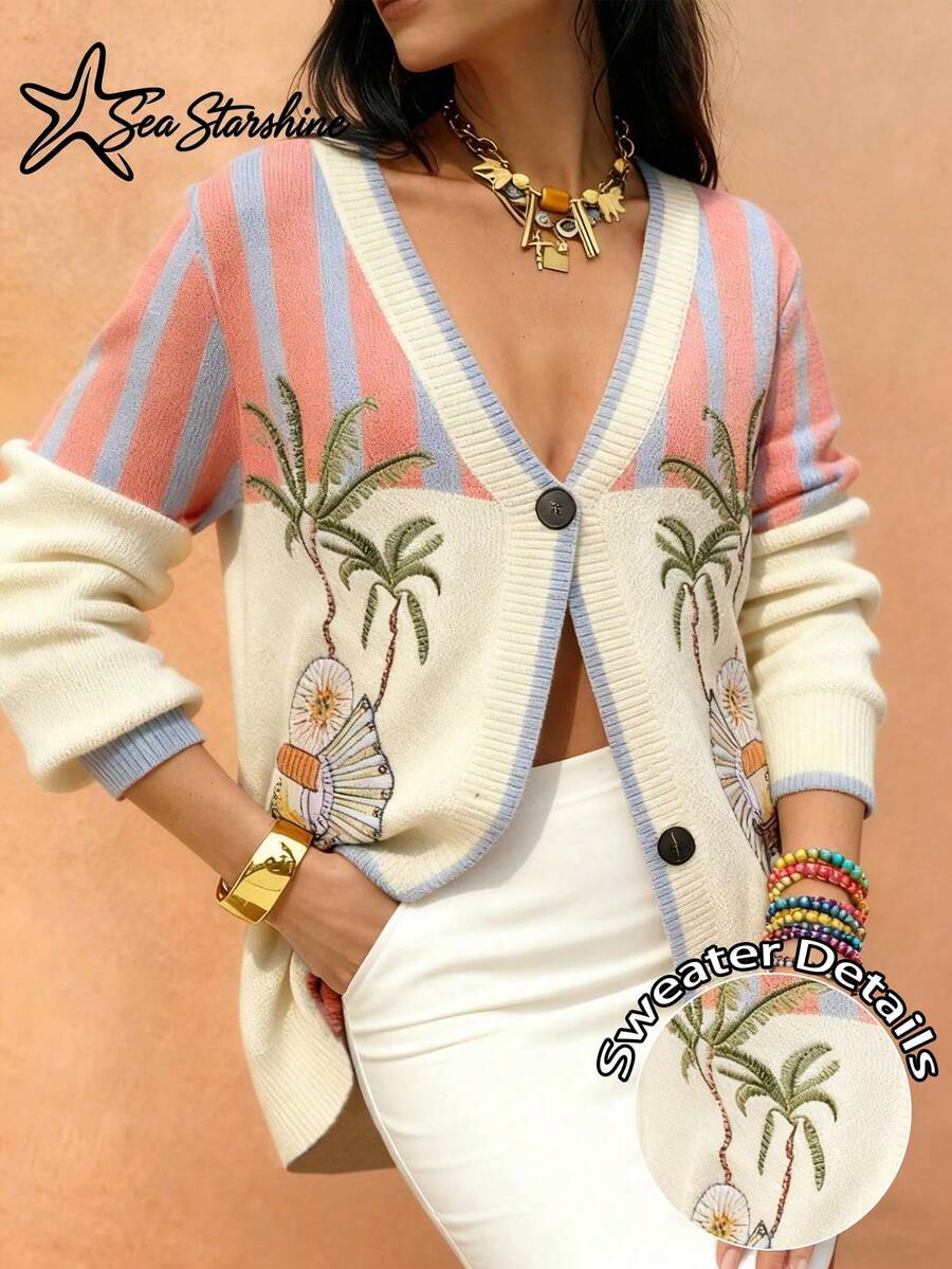 Women's Autumn/Winter Casual Beach Knit Cardigan With Embroidered Starfish, Palm Tree, Sun And Star Patterns, Ideal For Beach Vacation - Multicolor - View 1