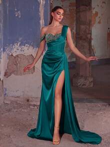 Faeriesty Vestido de noche elegante de mujer con un hombro y abertura alta, vestido de fiesta ajustado adecuado para banquetes, galas, bodas y otras ocasiones formales - Agua verde azul - Ver 4