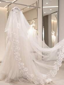 1pc Ivory Embroidered Elegant Cathedral Train Long Soft Mesh Veil, 2025 Lace Bridal Veil Fall Clothes For Women - White - View 8