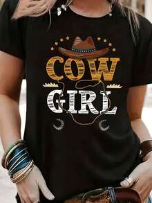 Women's Casual Short Sleeve Crew Neck T-Shirt With Letter Print And Vintage Cowboy Hat, Women's Clothing For Summer And Spring - 黑色 - 查看 6