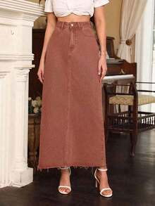 Women's High Waist Pocketed Frayed Hem Casual Denim Mini Skirt - Café integral - Ver 1