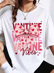 1 pieza de camiseta con estampado de corazón y lazo de Valentine Vibes para mujer, ropa casual para el Día de San Valentín, top romántico y lindo. Es una camiseta perfecta para regalar a amigos y familiares en cualquier día festivo u ocasión especial, 180g 100% algodón. - Blanco - Ver 8