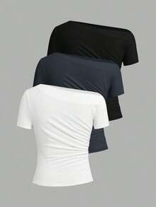 Camiseta de moda ajustada de manga corta con hombros oblicuos de unicolor para mujer - Multicolor 4 - Ver 9