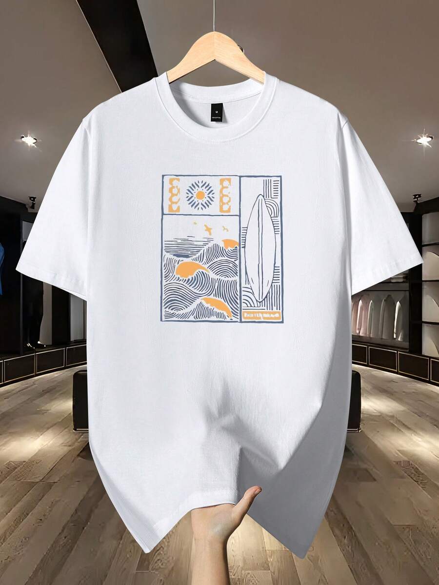 200g Cotton T-Shirt - Short Sleeve, Crew Neck, Regular Fit, Unique Print, Ideal For Casual Wear And Outdoor Fashion - 白色 - 查看 1