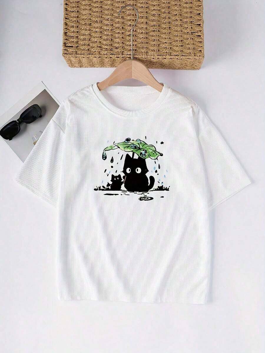 Camiseta de Cuello Redondo de Tela Waffle, Estilo Casual y a la Moda, con Estampado de Animales, Versátil, Cómoda y Holgada - Blanco - Ver 1