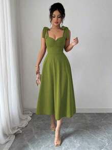 elegante y romántico para mujer con lazo decorativo en la cintura y corte evasé sin mangas - Verde militar - Ver 1