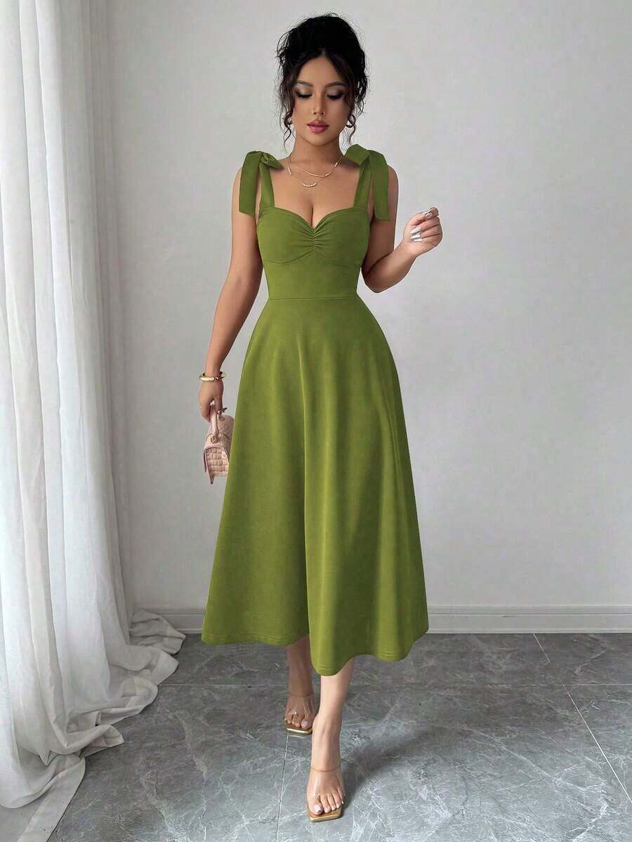 elegante y romántico para mujer con lazo decorativo en la cintura y corte evasé sin mangas - Verde militar - Ver 1