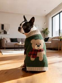 1件 品貓狗伸縮柔軟熊熊刺繡毛衣針織襯衫,適用於秋冬季節 - 軍綠色 - 查看 6