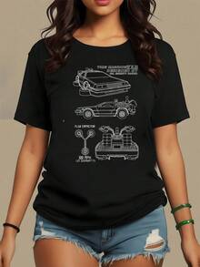 Auto futurista que simboliza la aventura a través del tiempo representando el deseo humano de explorar el pasado y el futuro con ingenio y libertad camiseta de mujer casual moderna cómoda para uso diario - Negro - Ver 1