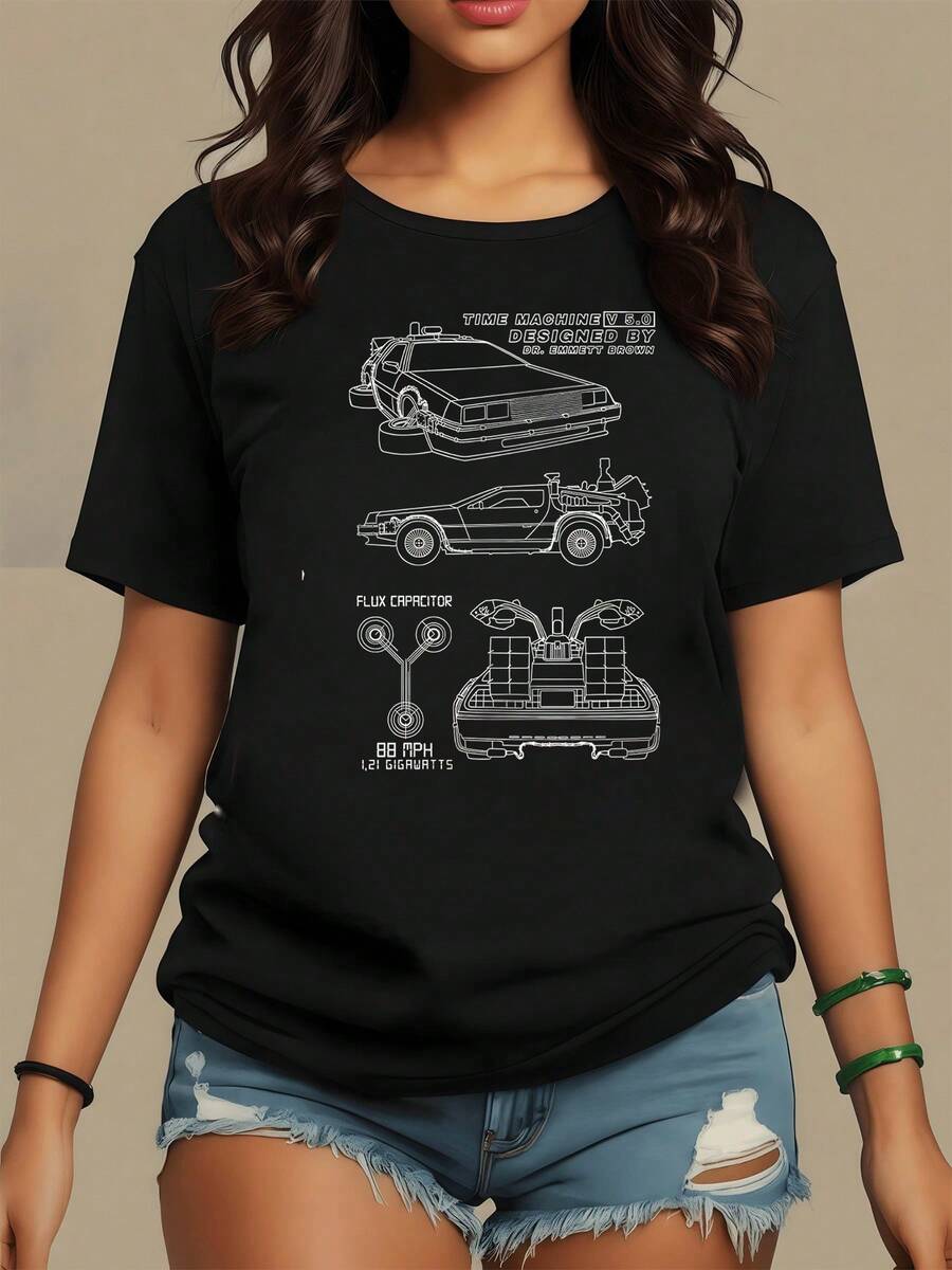 Auto futurista que simboliza la aventura a través del tiempo representando el deseo humano de explorar el pasado y el futuro con ingenio y libertad camiseta de mujer casual moderna cómoda para uso diario - Negro - Ver 1