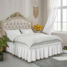 1pc Princess Style Lace Ruffle Bed Skirt, Floral Trim Bedding, Dust Cover Bed Skirt, Elastic Stretchy Bed Skirt Suitable For Bedroom, Guest Room, Hotel - Ivory White - View 8