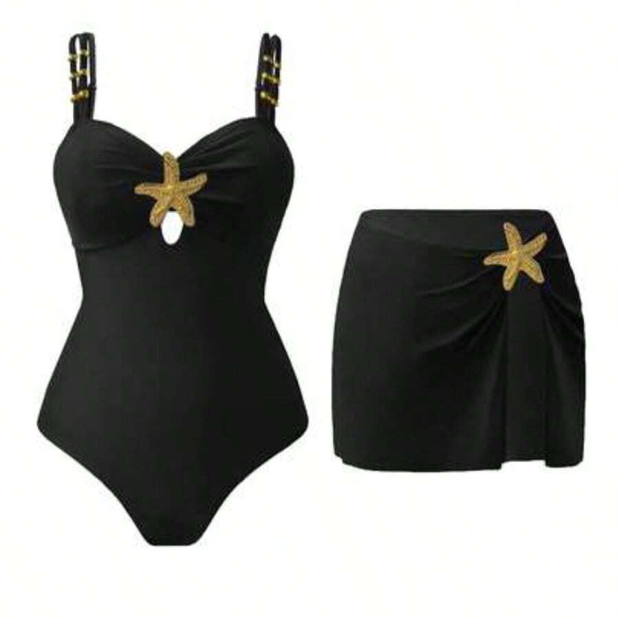 Swim Oasis 2pc Women's Cute Pentagram Decor Casual Vacation One-Piece Swimsuit Women's Swimwear Women's Swimsuits Tummy Control Women's Swimsuit 2 Pieces Pool Party Outfit For Women Swimsuit With Skirt - Negro - Ver 1