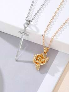 Set de 2 piezas Collar con colgante de rosa gótica y espada para mujeres y hombres, collar con colgante de rosa y espada de dos tonos, collar declarativo, cadena romántica a juego, regalos de pareja para fiesta, boda y cumpleaños - collar - Ver 9