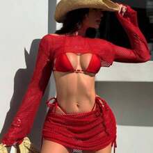 Swim  4pcs/Set Women's Sexy Bikini Set With Red Mesh Fabric And Solid Burgundy Design, Beach Swimwear Vacation Two Piece Set Beach Two Piece Set Cream Two Piece Set White Cover Up Swimsuit Swim Cover Up Set - Burdeos - Ver 1
