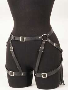 Women's Leather Gothic Tassel Thigh Garter Harness, Adjustable Waist Leg Body Harness Rave Party Accessories - Black - View 4
