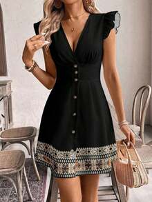 Vestido de mujer con cuello en V, mangas abullonadas y corte evasé con botones, de estilo minimalista, bohemio, elegante y romántico con estampado retro, para festival de música, atuendo de playa, atuendo de vacaciones - Multicolor - Ver 7