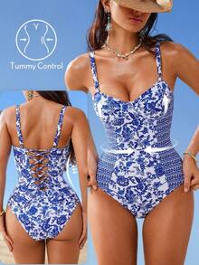 Traje de baño de una pieza con control de abdomen, con cordón, espalda descubierta, a rayas azul y blanco, con efecto push-up, para playa, resort y fiesta - Azul - Ver 3