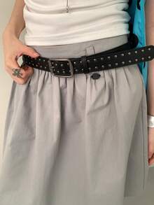 1件装女士黑色PU皮革朋克风极简双排铆钉设计独特腰带 - 黑色 - 查看 1