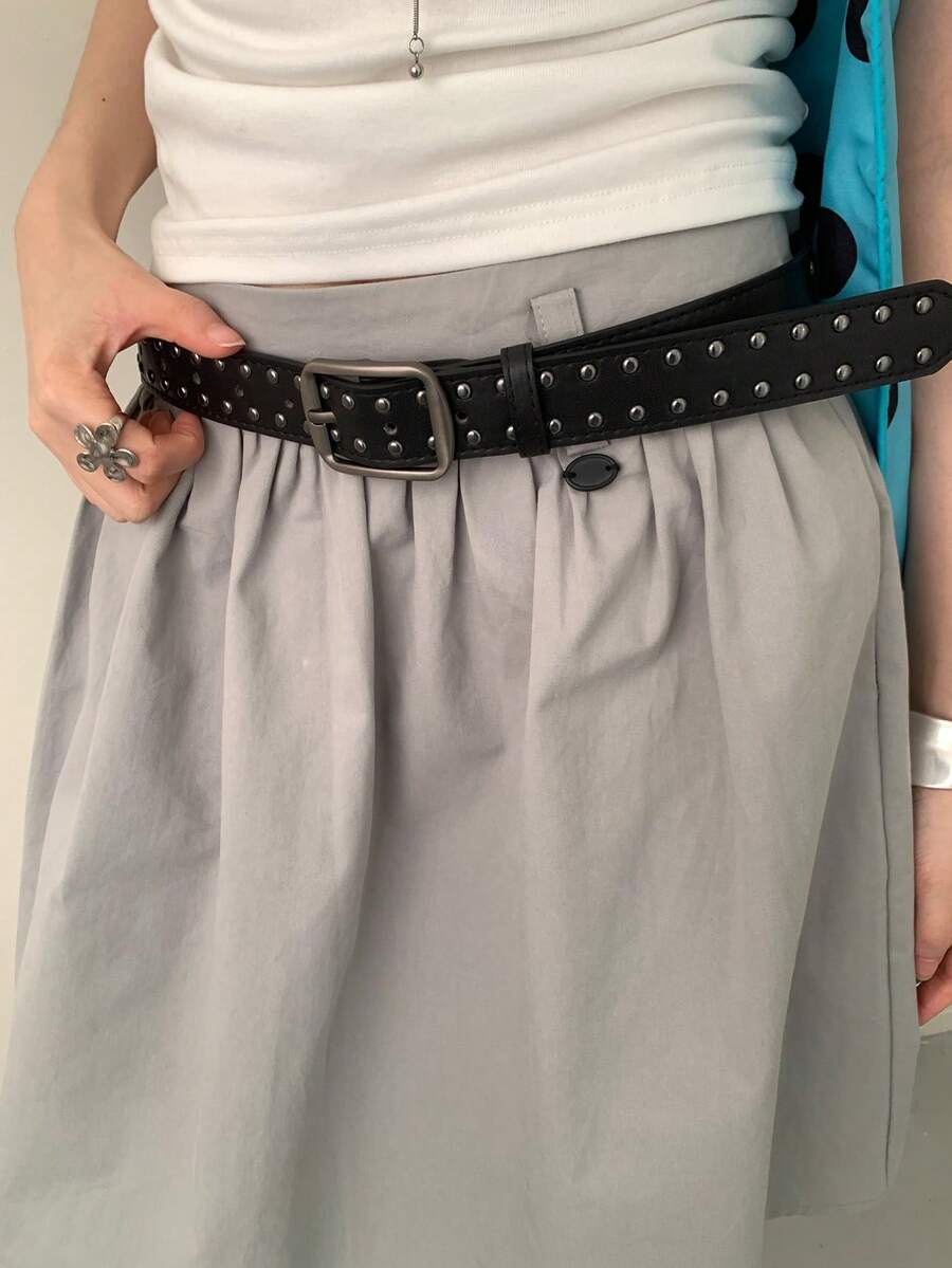 1件装女士黑色PU皮革朋克风极简双排铆钉设计独特腰带 - 黑色 - 查看 1