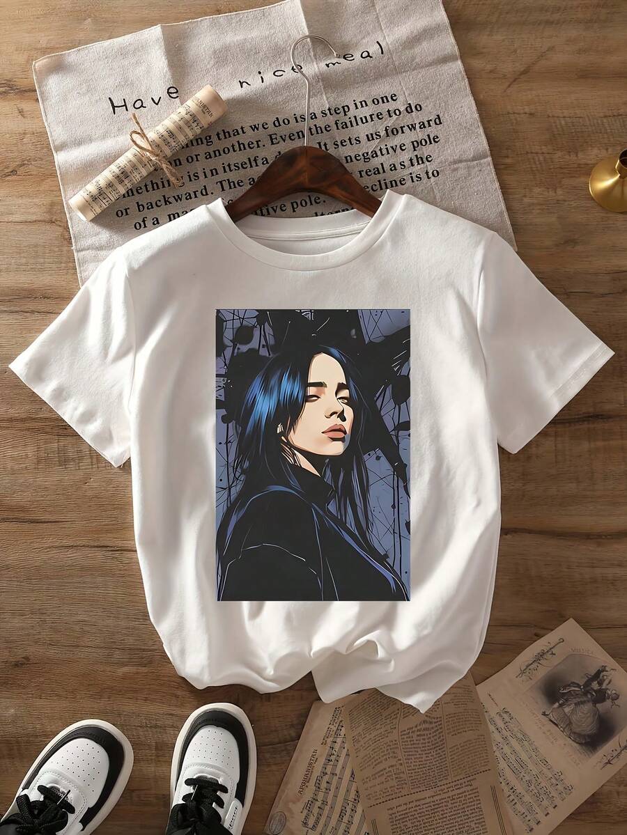 Camiseta vintage con estampado de Billie Black e íconos de la cultura pop, de manga corta y cuello redondo, estilo casual, adecuada para primavera y verano, ropa de moda para mujer.