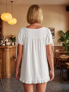 Women's Casual White A-Line Short Dress With Square Neck, Puff Sleeves, And Ruffle Hem, Cute & Elegant Woven Fabric Mini Dress - 白色 - 查看 6
