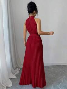 Vestido de línea A con cuello con volantes y cintura plisada, elegante y romántico para el Día de San Valentín - Rojo - Ver 2