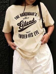 Camiseta de verano para mujer de corte holgado con estampado y cuello redondo informal. Perfecto para uso al aire libre, desplazamientos diarios, citas informales y estilo urbano. - Beis - Ver 1