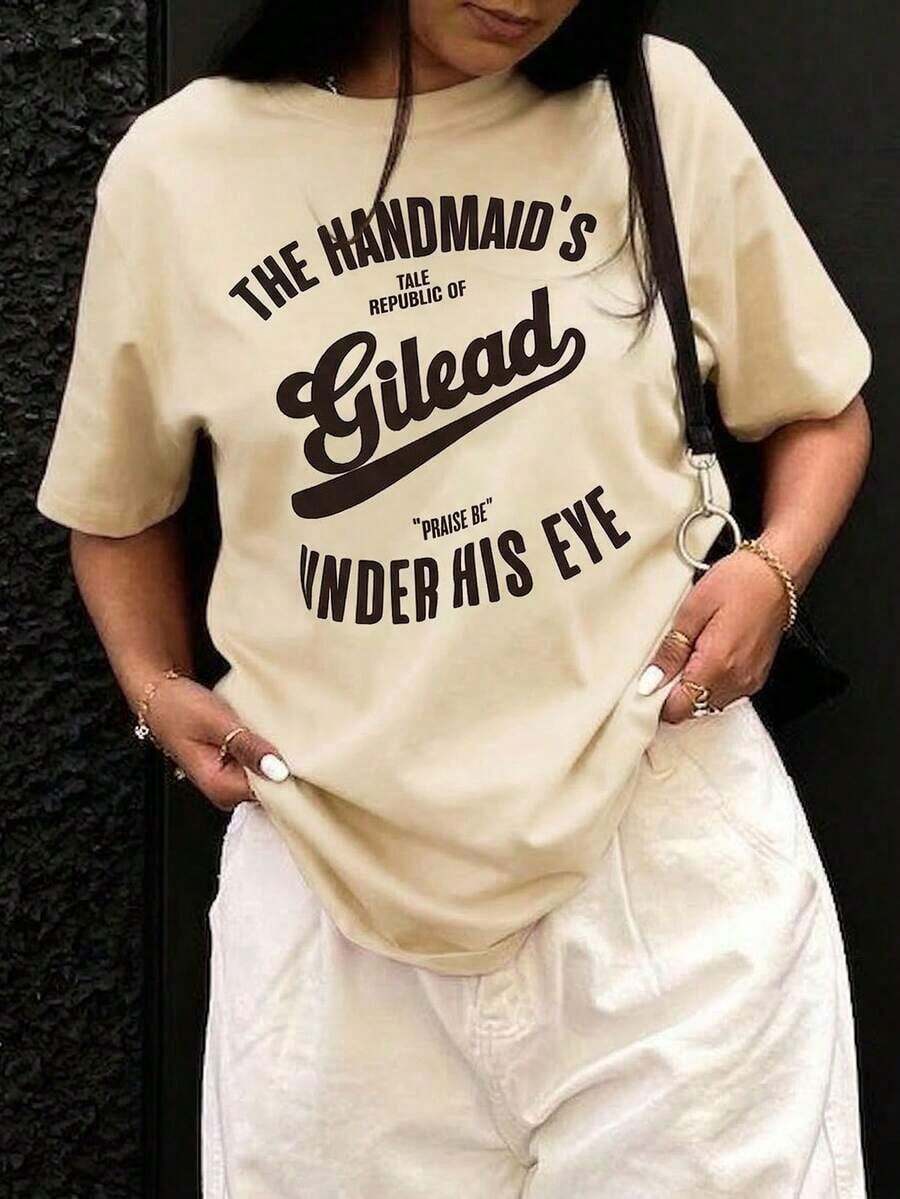 Camiseta de verano para mujer de corte holgado con estampado y cuello redondo informal. Perfecto para uso al aire libre, desplazamientos diarios, citas informales y estilo urbano. - Beis - Ver 1