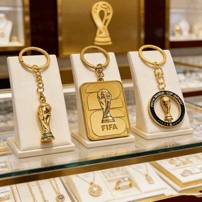  Regalo para ella/él [FIFA] Set de 3 piezas "Paquetes de llaveros" Conjunto de combinación de encanto dorado oficial de la FIFA 2026, Insignia conmemorativa dorada de la Copa Mundial de la FIFA 2026 USA/México/Canadá + Encanto de anillo de trofeo giratorio + Encanto de trofeo, Set de 3 piezas de alto perfil y lujo dorado