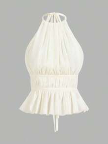 Top sin espalda con cuello de halter y cintura anudada con pliegues para mujer - Beis - Ver 1