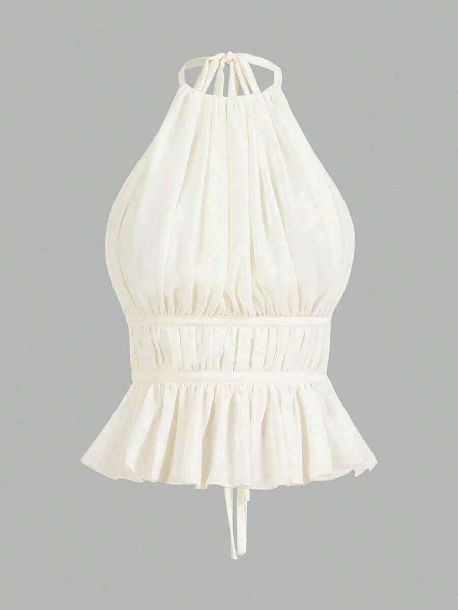 Top sin espalda con cuello de halter y cintura anudada con pliegues para mujer - Beis - Ver 1