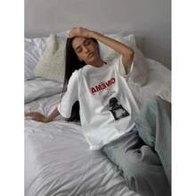 Camiseta de manga corta de verano, resistente, de estilo hip-hop americano urbano, con estampado de letras, holgada, de marca de moda urbana. - Blanco - Ver 3