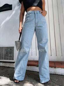 SJD MODA LADY Wide Leg Jeans For Young People, Women's Wide Leg Jeans, Flare Jeans, Mom Jeans Without Elastane, Ripped Cut Hem, Straight, Casual, Simple, Sensual, Skinny, With Button Zippket, Trendy Top Jeans, Romantic, Retro, Casual, Chic, University, Minimalist, Versatile, Korean, Y2k, Teenager, Youth - 淺色水洗藍 - 查看 1