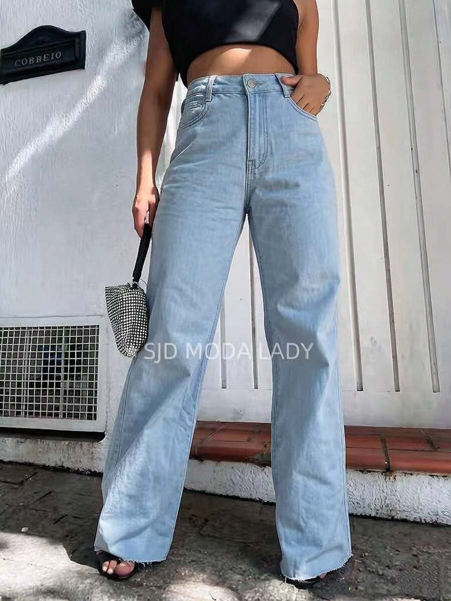 SJD MODA LADY Wide Leg Jeans For Young People, Women's Wide Leg Jeans, Flare Jeans, Mom Jeans Without Elastane, Ripped Cut Hem, Straight, Casual, Simple, Sensual, Skinny, With Button Zippket, Trendy Top Jeans, Romantic, Retro, Casual, Chic, University, Minimalist, Versatile, Korean, Y2k, Teenager, Youth - 淺色水洗藍 - 查看 1