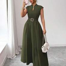 Elenzya Women's Elegant Casual Commute Vacation Afternoon Tea Valentine's Day Party Solid Color Keyhole Neck Sleeveless Waist Ruched Buckle Belt Flared Hem Pockets Dress, Spring/Summer Long Dress With Pocket Women's Dress Formal Wear High Quality Dress Wommen Dress Women Dresses Elegant Classic - Negro - Ver 10