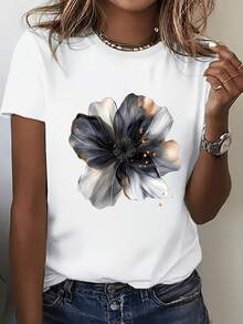 Camiseta de manga corta con estampado floraintage americano para mujer, Top blanco versátil casual de verano - Blanco - Ver 2