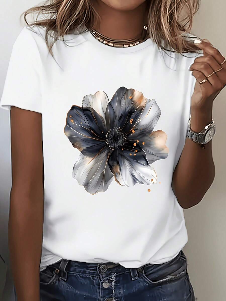 Camiseta de manga corta con estampado floraintage americano para mujer, Top blanco versátil casual de verano