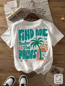 Camiseta de mujer con estampado tropical - Top con texto turquesa "Find Me er the Palms" - Camiseta esencial para vacaciones en la playa - Prenda casual de verano con elasticidad media - Ropa de mujer lavable a máquina, corte holgado, tela transpirable, top de manga corta - Camiseta unisex de algodón de manga corta y cuello redondo, estilo vintage urbano. - Blanco - Ver 4