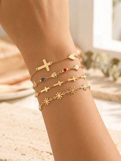 4pcs/Set Gold Tone Alloy Cross & Heart Rhinestone Bracelet, Niche Design Luxury Jewelry, Suitable For Daily Wear, Dates, Parties And Vacations. The Color Arrangement Of The Colorful Rhinestones Is Random.