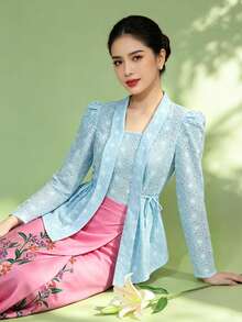 1pc Kebaya Kutubaru Floral Print Tie-Front Asymmetric/Irregular Long Sleeve Blouse For Women, Spring/Summer, Blue Long Sleeve Top - Blue - View 2