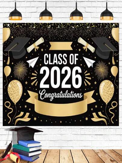 2D Flat Banner, Black & Gold Bachelor Hat, Black Graduation Backdrop. Suitable For Family Gatherings, Birthday Parties. An Excellent Gift Choice For Party Planners, Made Of Vinyl Material.
