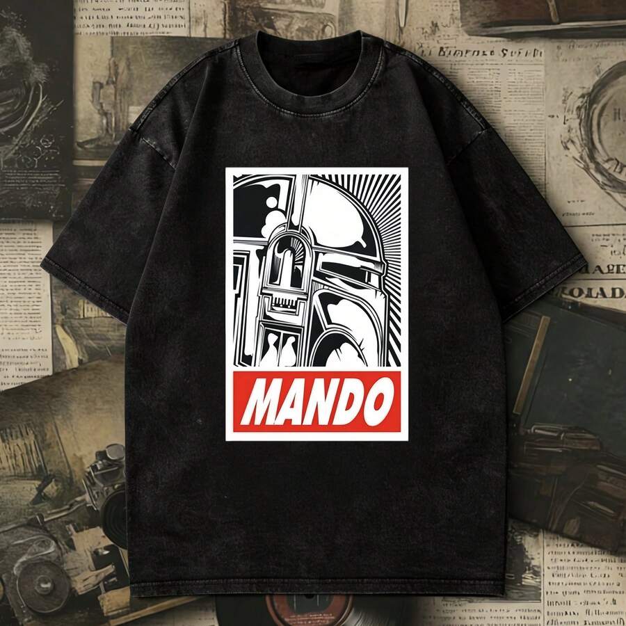 Unisex Summer Clothes | Mando Mandalorian Stars Wars T-Shirt, Washed Black, Retro Helmet Print, Sci-Fi Streetwear Tee - màu đen - Xem 1