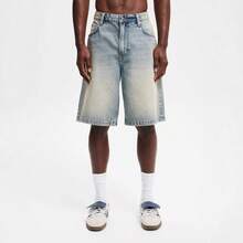Men's Washed Denim Jorts, Loose Fit Mid-Length Jean Shorts, Casual Streetwear - Light Blue - View 7