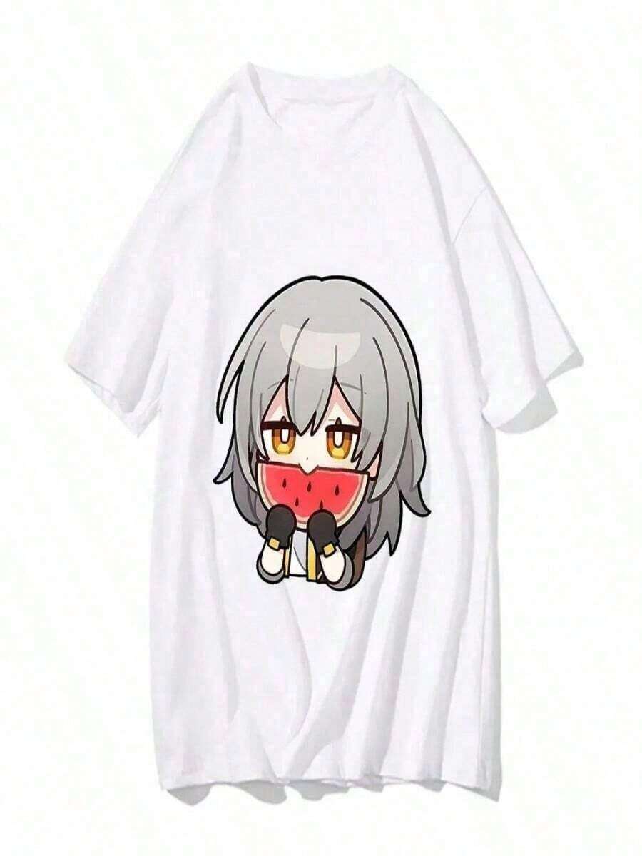 Camiseta para mujer con estampado de estrella y personaje de anime, diseño kawaii y adorable. Manga corta cómoda, estilo Y2K moderno, ideal para el uso diario. - Blanco - Ver 1