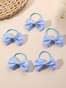 5pcs/10pcs Elegant Checkerboard Printed Bow Hair Scrunchies, Blue Tones, Suitable For Daily, Vacation, Graduation Season Decoration And Gifts - Blue - View 6