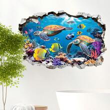 1 buah Stiker Dinding Bawah Air 2D dengan Efek Dinding Retak, Menampilkan Penyu Laut & Ikan Tropis, Menciptakan Pengalaman Visual yang Fantastis - beraneka warna - View 1